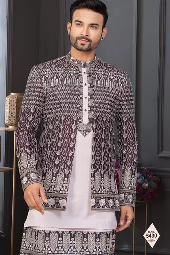 Dark maroon & light pink super silk and banarasi silk indowestern for mens