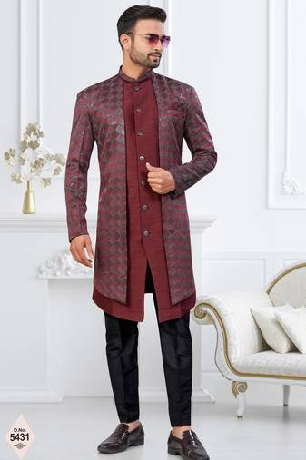 Dark maroon    zari jackard and banarasi silk indowestern for mens