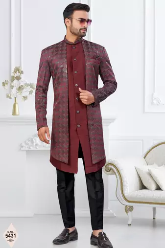 Dark maroon    zari jackard and banarasi silk indowestern for mens
