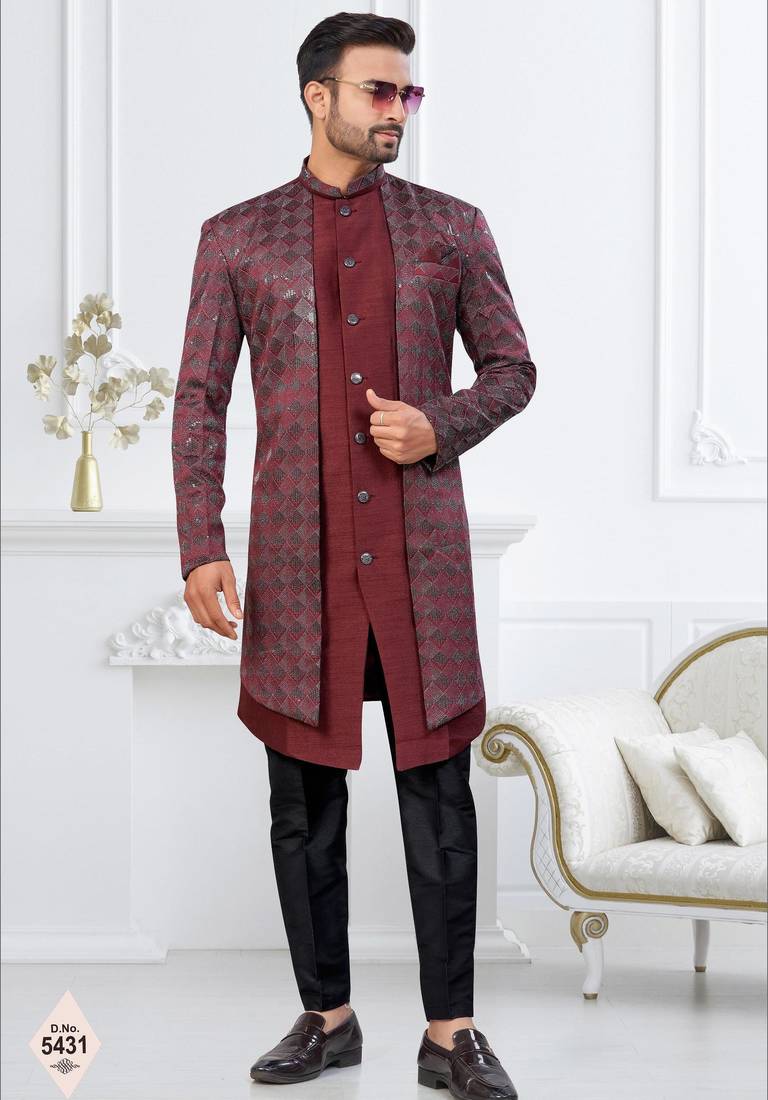 Dark maroon    zari jackard and banarasi silk indowestern for mens