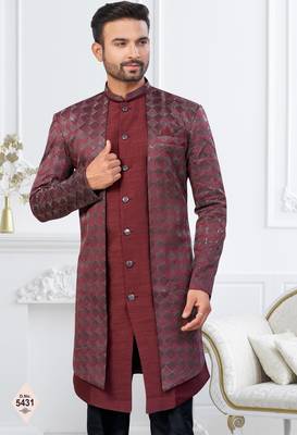 Dark maroon    zari jackard and banarasi silk indowestern for mens 2
