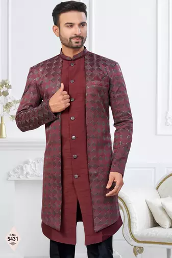 Dark maroon    zari jackard and banarasi silk indowestern for mens