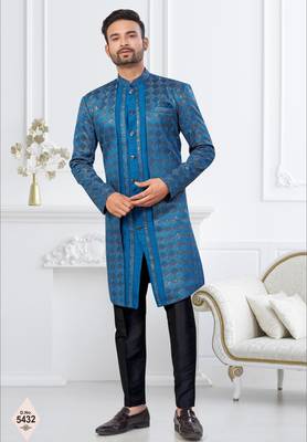 Royal blue  zari jackard and banarasi silk indowestern for mens 1