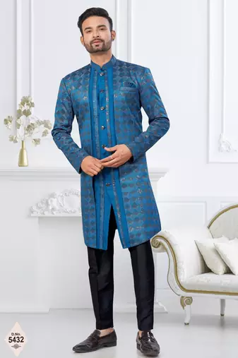Royal blue  zari jackard and banarasi silk indowestern for mens