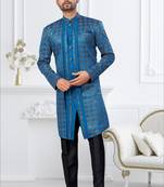 Royal blue  zari jackard and banarasi silk indowestern for mens
