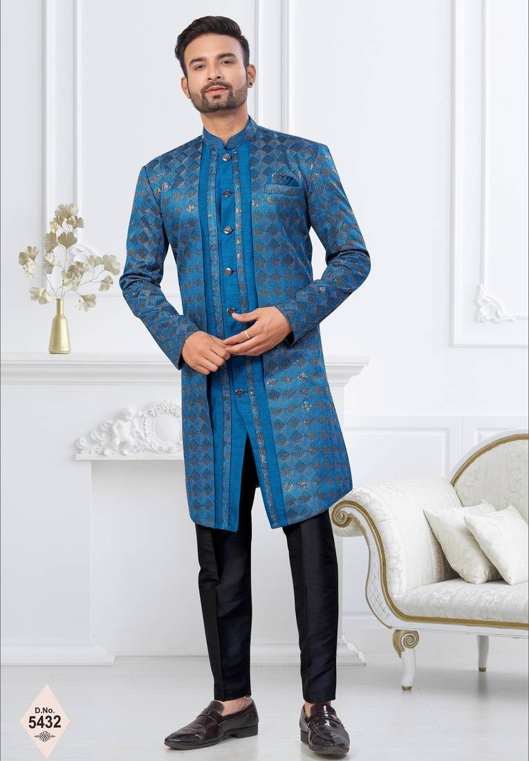Royal blue  zari jackard and banarasi silk indowestern for mens