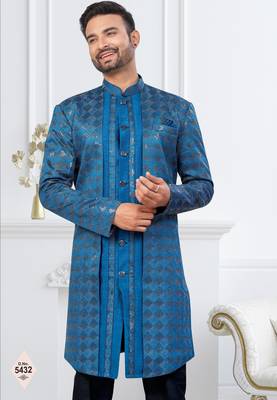 Royal blue  zari jackard and banarasi silk indowestern for mens 3
