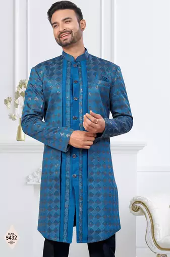 Royal blue  zari jackard and banarasi silk indowestern for mens