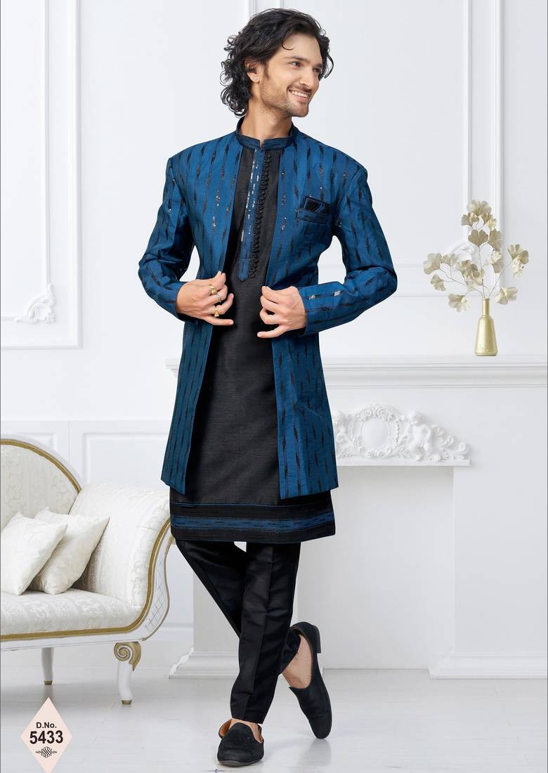blue & black imported silk and banarasi silk indowestern for mens