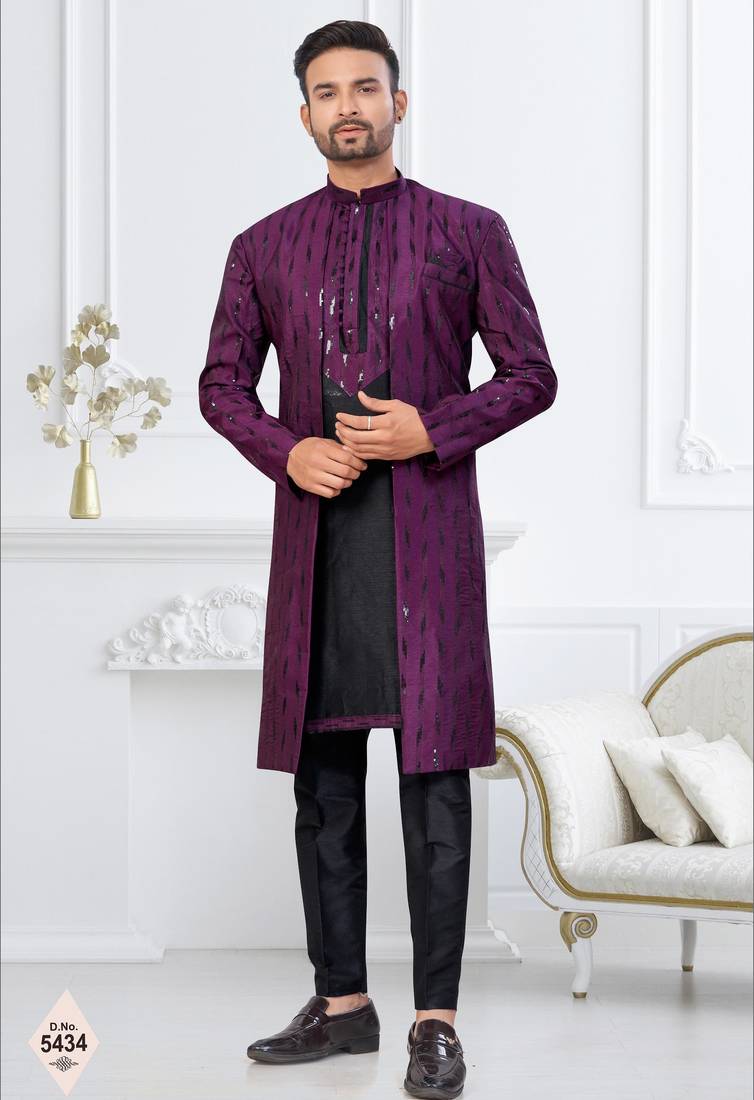 Wine & black imported silk and banarasi silk indowestern for mens
