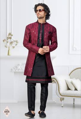 Maroon & black imported silk and banarasi silk indowestern for mens 1