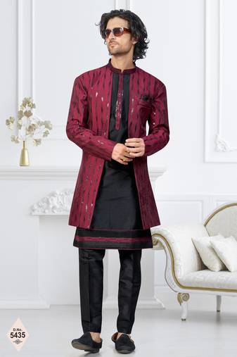 Maroon & black imported silk and banarasi silk indowestern for mens