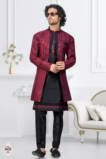 Maroon & black imported silk and banarasi silk indowestern for mens
