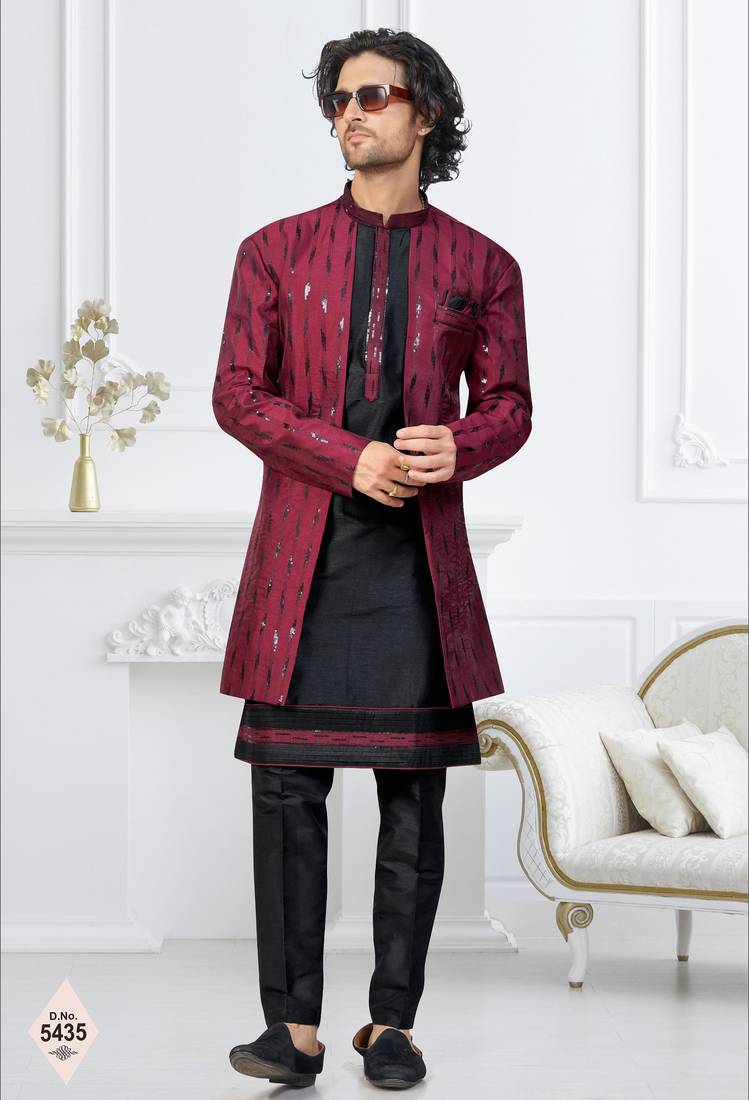 Maroon & black imported silk and banarasi silk indowestern for mens