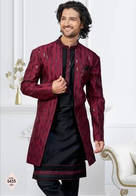 Maroon & black imported silk and banarasi silk indowestern for mens 2