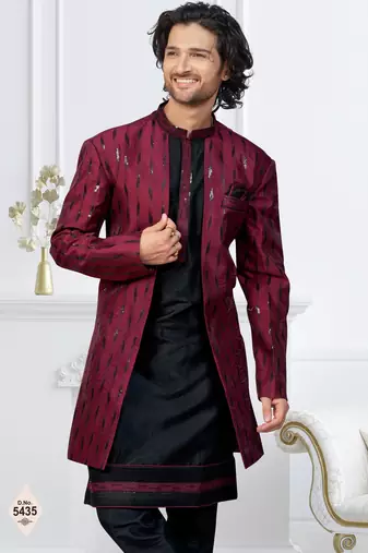 Maroon & black imported silk and banarasi silk indowestern for mens