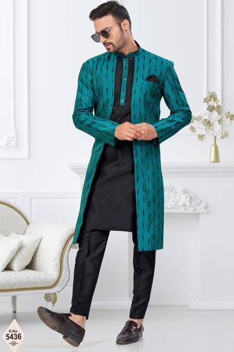 Rama green & black imported silk and banarasi silk indowestern for mens