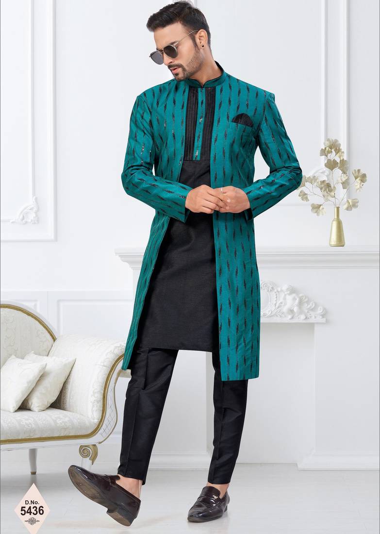Rama green & black imported silk and banarasi silk indowestern for mens