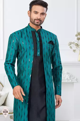 Rama green & black imported silk and banarasi silk indowestern for mens