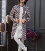 Wine & off white malai silk and imported silk indowestern for mens