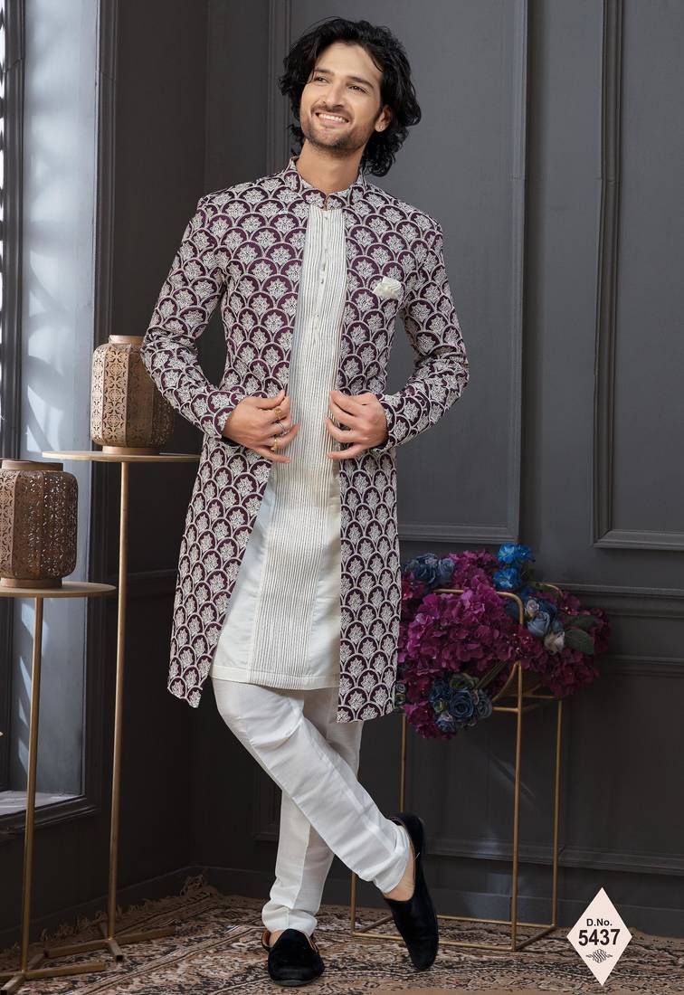 Wine & off white malai silk and imported silk indowestern for mens