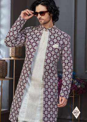 Wine & off white malai silk and imported silk indowestern for mens 2