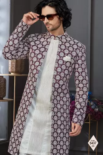 Wine & off white malai silk and imported silk indowestern for mens