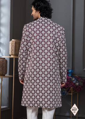 Wine & off white malai silk and imported silk indowestern for mens 3