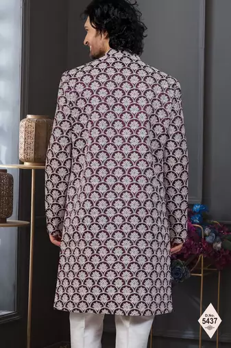 Wine & off white malai silk and imported silk indowestern for mens