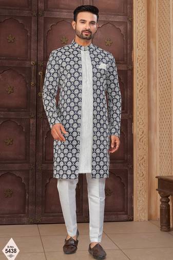 Blue and off white malai silk and imported silk indowestern for mens