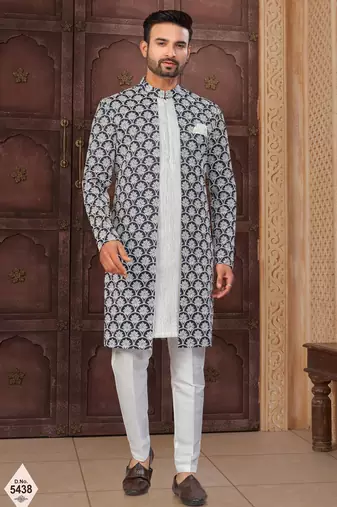 Blue and off white malai silk and imported silk indowestern for mens