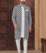 Blue and off white malai silk and imported silk indowestern for mens
