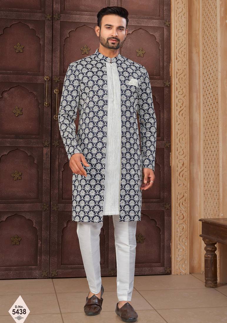 Blue and off white malai silk and imported silk indowestern for mens