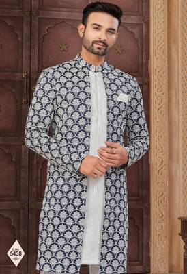 Blue and off white malai silk and imported silk indowestern for mens 2