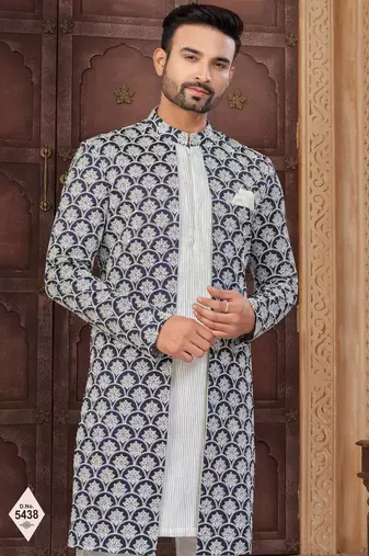 Blue and off white malai silk and imported silk indowestern for mens