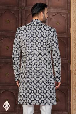Blue and off white malai silk and imported silk indowestern for mens 3