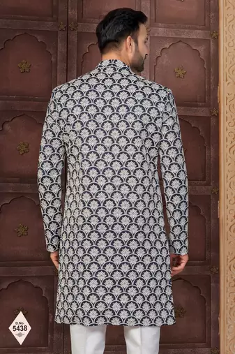 Blue and off white malai silk and imported silk indowestern for mens