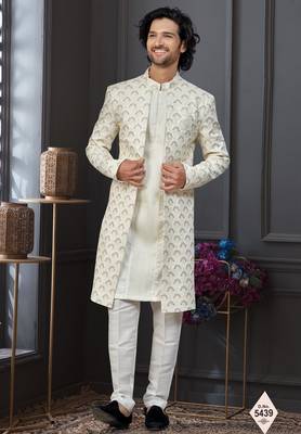Cream colour malai silk and imported silk indowestern for mens 1