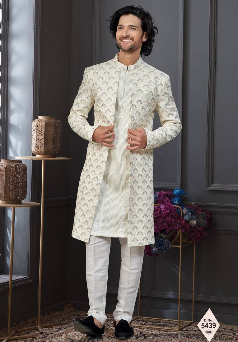 Cream colour malai silk and imported silk indowestern for mens