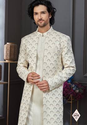 Cream colour malai silk and imported silk indowestern for mens 2
