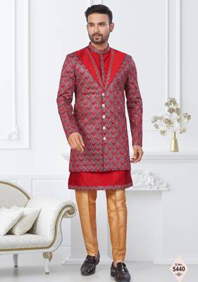 Maroon   banarasi silk indowestern for mens 1