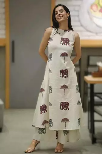 Off White Elephant Print Cotton Flex Co Ord Set