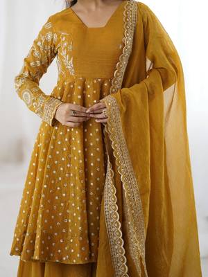 Crunchy silk blend mustard yellow polka dot anarkali 2