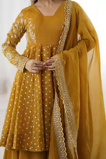 Crunchy silk blend mustard yellow polka dot anarkali