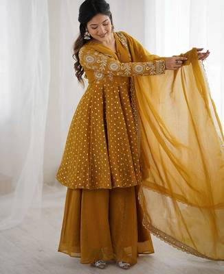 Crunchy silk blend mustard yellow polka dot anarkali 3