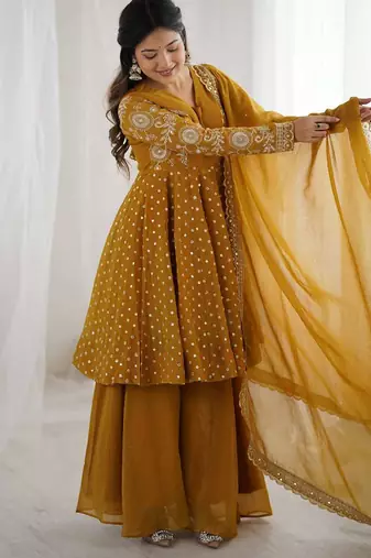 Crunchy silk blend mustard yellow polka dot anarkali