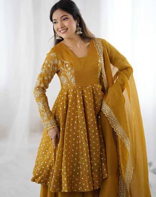 Crunchy silk blend mustard yellow polka dot anarkali 4