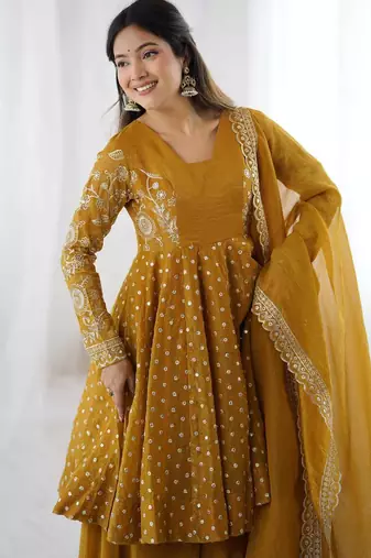 Crunchy silk blend mustard yellow polka dot anarkali