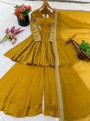 Crunchy silk blend mustard yellow polka dot anarkali 5