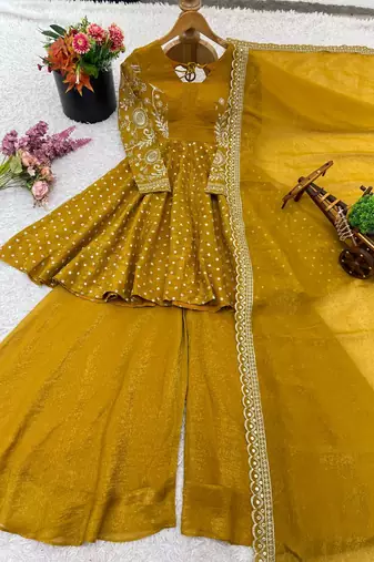Crunchy silk blend mustard yellow polka dot anarkali